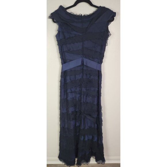 Tadashi Shoji Women's Sz.10 Navy Ruffle Silk Tiered Maxi Belted Cocktail Dress - Picture 7 of 9
